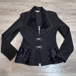 Taheri Womens Black Textured 90s Metallic Accent Buckle Zip Front Jacket Small S